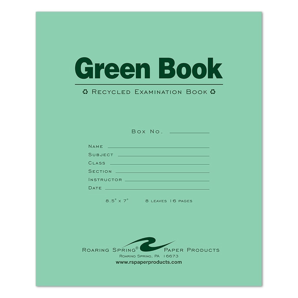 Roaring Spring Green Exam Book, Wide Ruled, 8.5 x 7 - 8 Sheets